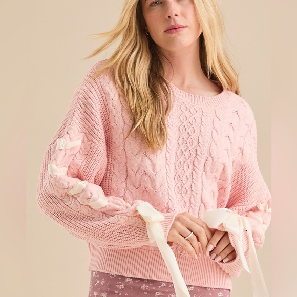 Altar'd State Sweaters - Altar'd State Millie Bow Sleeve Sweater Pink Cable Knit Ribbons Size Medium